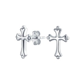 Delicate Simple Fleur De Lis Cross Stud Earrings: Minimalist Religious Jewelry for Women Teens, Communion Gift, Polished .925 Sterling Silver