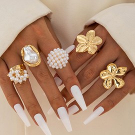 Chunky Gold Stackable Rings for Women Flower Pearl Knuckle Jewelry Set Statement