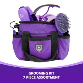 Harrison Howard Horse Grooming Brushes Kit 7 pieces with Organizer Tote Equine Care Series Horse Brush Sets Purple
