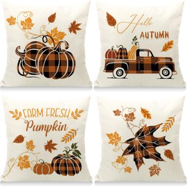 Cirzone Autumn Decorative Autumn Cushion Cover 45 x 45 cm Set of 4 Maple Leaf Pumpkin Autumn Decorative Cushion Autumn Decoration for Home Garden Sofa Bedroom