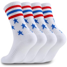 Airpal 4 Pairs Athletic Socks Cotton Cushioned Striped Crew Socks Sports Running Socks for Men Women Teens (US, Alpha, Large, Regular, Regular, American Flag (Red/White/Blue))