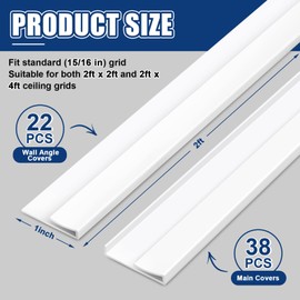 Landical 60 Pcs Ceiling Grid Cover Kit Include 38 Main Parts 22 Wall Parts 1 inch x 2 ft Grid and Seam Covers White Drop for Basement Bathroom Kitchen