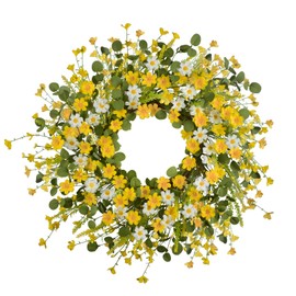 LSKYTOP 24Inches Artificial Yellow Daisy Wreath with Green Eucalyptus Leaves and Lavender Spring Summer Wreath for Front Door Wall Decor