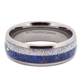 Polished Tungsten Carbide 8mm COMFORT FIT Wedding Band Blue Lapis Lazuli Inlay and Meteorite Inlay with Arrow Ring Size 10