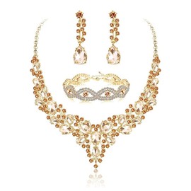 TOEECY Bridal Wedding Jewellery Set Crystal Teardrop Cluster Necklace Dangle Earrings and Bracelet with Sparkling Rhinestone Jewellery Set for Bride Bridesmaid Costume Prom (Champagne)
