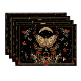 Artoid Mode Black Poppy Moth Moon Placemats Set of 4, 12x18 Inch Floral Spring Table Mats for Outdoor Home Party Kitchen Dining Decor