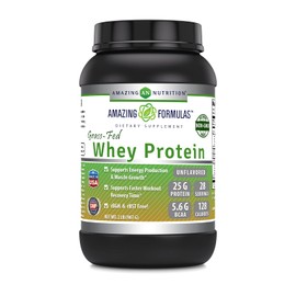 Amazing Formulas Grass-Fed Whey Protein Powder | 25 Grams Protein Supplement | Natural Sweetener and Flavor | Contains BCAA & EAA | Non-GMO | Made in USA (2 Lb, Unflavored)
