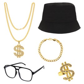 80s 90s Hip Hop Costume Kit Rapper Accessories Outfit Gold Chain Hat Sunglasses Cosplay Props Set Party Supply for Men Women