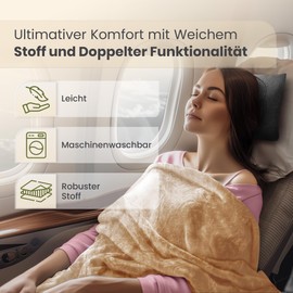 SCANDIWAY 2-in-1 Travel Blanket & Pillow - Soft Premium Airplane Blanket with Pillow Case, Carry On Strap & Backpack Clip (Beige)