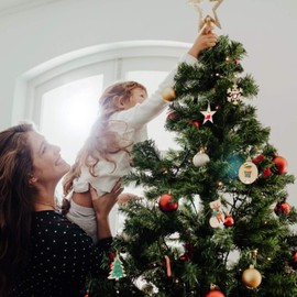 JUYOO 50PCS Wooden Christmas Tree Decoration Set Christmas Wooden Ornaments Wooden Ornaments - Round Wood Slices Wood Snowflake Star Christmas Tree Socks with 60 Pcs Rope, 5 Style