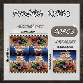 Ovanda Monstertruck Servietten Geburtstag, 20 Stück 33x33cm Geländewagen Monstertruck Servietten, Monster Party Racing Car Servietten Tischdeko Geburtstag für Kindergeburtstag oder Mottoparty