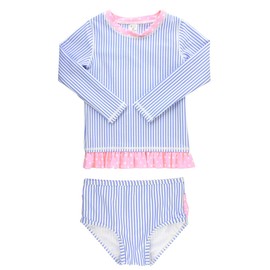 RuffleButts Girls Periwinkle Seersucker Long Sleeve Rash Guard Bikini - 2T