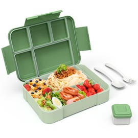 HOBUE Children's Lunch Box with Compartments, 1330 ml Lunch Box, Leak-Proof Bento Box, Vesper Box with 6 Compartments, Breakfast Box for Nursery, Lunch Box for School, Lunch Box for Adults (Matcha)