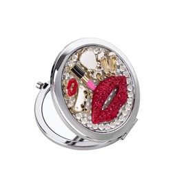 JANKOW Red Lips Mirror, Rhinestone Compact Mirror, Pearl Makeup Mirror Travel Vanity Mirror Beauty Mirror Make up Mirror Double-Sided Makeup Mirror, for Women and Girl Travel Makeup Mirror (1 Pcs)