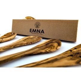 EMNA - 5-Piece Olive Wood Kitchen Utensil Set | Approx. 30 cm | Exclusive Gift Box | Design Cooking Spoon with Corner | Salad Cutlery | Flat and Slotted Pan Turner | Gifts Idea | Woman