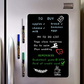 Magnetic Black Dry Erase Board Sheet 12x8" for Fridge, Bright Colors Chalk Markers and Easy to Clean, Small Refrigerator Magnet Whiteboard for Family Planner and Grocery List, 3 Chalk Markers & Eraser