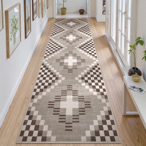 Beeiva Checkered Boho Carpet Runners for Hallway 10 ft, Non