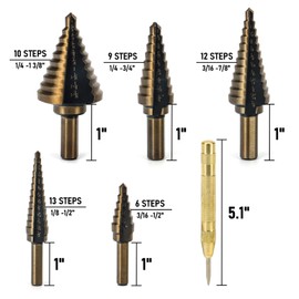 Kodilin Step Drill Bits, 5PCS HSS Titanium Step Drill Bit Set (with Automatic Center Punch),Covering 50 Sizes High Speed Steel Step Bits for Metal Complete with Aluminium Case