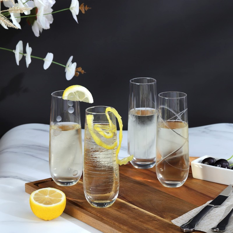 Joeyan Hand Blown Etched Stemless Wine Glasses with Dots Swirls