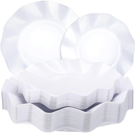 Zhehao 50 Pcs White Plastic Plates Scalloped, 10.25" Dinner Plates 8" Dessert Dishes, 25 of Each Size. Breakproof Light Weight Appetizer Buffet Platter for Wedding Baby Shower Birthday Pastel Party