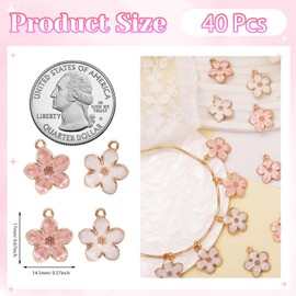 Cynailli 40 Pcs Cherry Blossom Flower Charms for Jewelry Making, Gold Plated Enamel Flower Charms, Cute Flowers Pendants for Bracelets Necklaces Earrings Purse Keychains DIY Crafts（Pink White）
