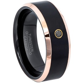 Jewelry Avalanche 8MM Brushed 2-Tone Rose Gold Beveled Edge Tungsten Carbide Wedding Band - 0.07ct Black Diamond Tungsten Ring -9