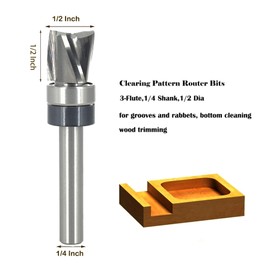 SICWOOD Spiral Flush Trim Router Bit 1/4 Shank, Carbide Head 3-Flute, 1/2" Diameter, 1/2" Cutting Length, Pattern Template Flush Trim Cut Router Bit, for Grooves, Bottom Cleaning, Wood Trimming