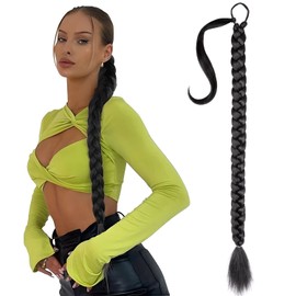 Braided Ponytail Extension with Hair Tie 36 Inch Braid Ponytail Extension Straight Wrap Around Hair Extensions Ponytail Long Braided Ponytail for Women Daily Wear (1B#)