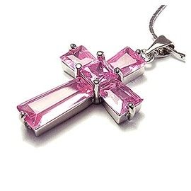 RIZILIA Crucifix Cross Pendant with 45cm(18") Chain & Trapezoid Square Cut Gemstones CZ [Pink Sapphire] in 18K White Gold Plated, Simple Modern Elegance
