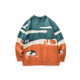 Vamtac Mens Oversized Sweater Vintage Graphic Pullover Crewneck Knit Jumper Y2K Unisex Streetwear 2025 Fall Tops Green