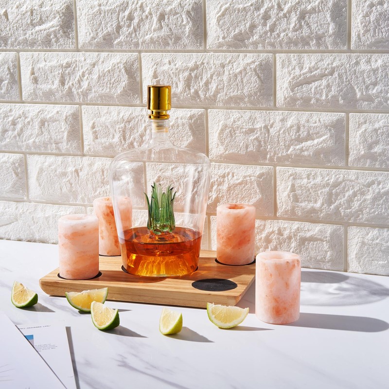 Tequila Decanter With Four Pink Himalayan Salt Shot Glasses Set,