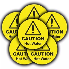 6-Pack Round Caution Hot Water Vinyl Sticker Signs - Weatherproof, Sun Resistant, Durable Safety Decals - 85mm diameter - For coffee machines, restaurants, bars and commercial Kitchens