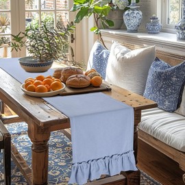 yuboo Dust Blue Table Runner 72 Inches Long - Ruffled Farmhouse Table Runner with Soft Cotton Texture, Rustic Shabby Style for Dresser Bedrooms, Baby Shower & Bridal Shower Country Home Decor