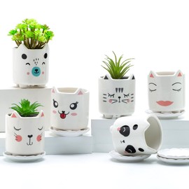 Set of 6 4.25inch Small Ceramic Animal Succulent Planter Porcelain Pots for Baby Succulant with Drainage and Bamboo Tray for Window Sill(Squatting Cats)