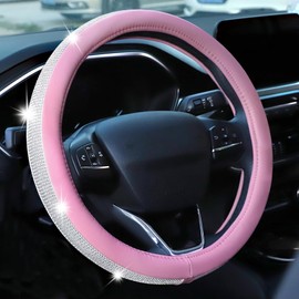 HAOKAY Premium Car Pink Bling Steering Wheel Cover for Women Girls, Cute Leather Diamond Steering Wheel Cover with Crystal Rhinestones, Breathable, Large-Size of 15 1/2 inches