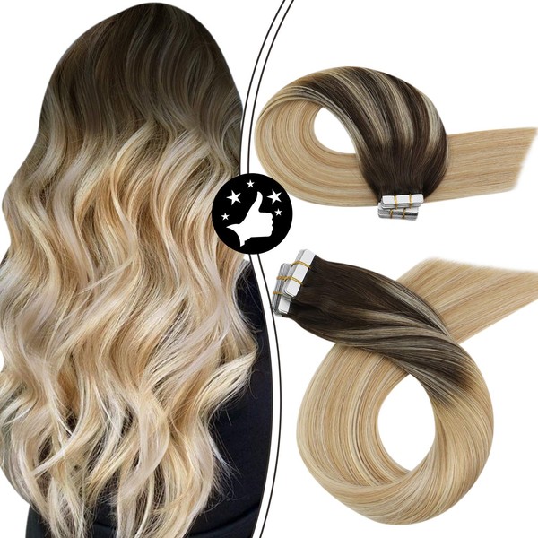 Moresoo 24 Inch Tape in Hair Extensions Human Hair 100g/40pcs Tape Hair Extensions Balayage Color Brown to Caramel Blonde Mixed Bleach Blonde Skin Weft Hair Extensions Tape in Full Head