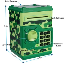 Qwifyu Piggy Bank for Boys Girls, 4 5 6 7 8 9 10 Year Old Girl Boy Birthday Gift Ideas, Electronic Password Money Saving Box ATM, Great Gift Safe Bank Toys for Kids (Camouflage Green)
