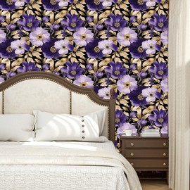 ILHIIOR Purple Floral Peel and Stick Wallpaper Boho Leaf Contact Paper Purple Flower Removable Self Adhesive Waterproof Wall Paper for Cabinet Drawers Wall Decor Renter Friendly 17.5''x393''