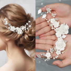 WEXFFU Wedding Hair Accessories Bride, 9 Inch Hair Accessories Flowers with Flowers Leaves Pearls Bridal Hair Clip Wedding Silver for Women, Girls and Flower Girls