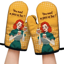 You Want a Piece of This Funny Yellow Oven Mitts with Hanging Loop and Silicone Non-Slip, Women Bakers Baking Kitchen Utensils 2-Piece Set, Gifts for Bake Lover Hostess Mom Wife BFF