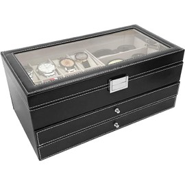 AUTOARK 3 Layer Leather 8 Watch and 3 Eyeglasses Sunglass Box with Jewelry Display Drawer Lockable Case Organizer,Mens Women Storage Holder Boxes,Glass Top,Brown,MKAW100