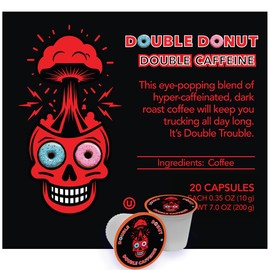 Double Donut High Caffeine Coffee Pods, Extra Strong Double Caffeine Dark Roast Coffee,Compatible with Keurig K Cups Brewers, 20 Count