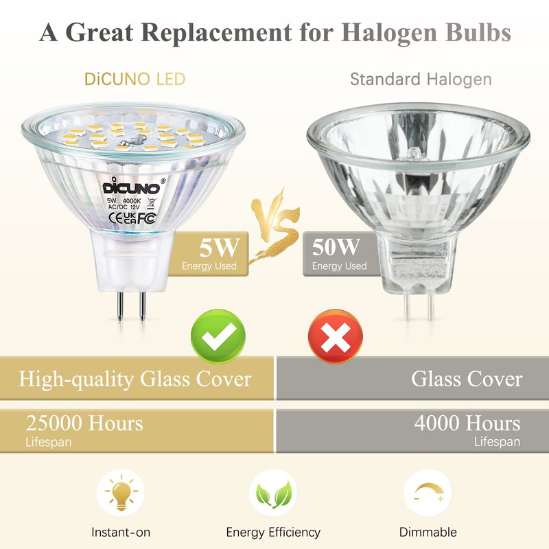 DiCUNO MR16 LED Bulbs Dimmable 50W Halogen Replacement 12V AC/DC