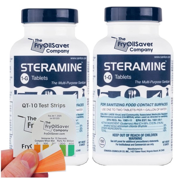2 x Steramine Quaternary Sanitizing Tablets, Sanitizing Food Contact Surfaces, By The FryOilSaver Co, Includes 1 x Test Kit of 15 x QT-10 Test strips