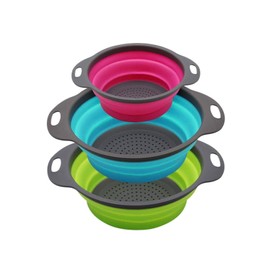 Gevoli Coladores plegables (juego de 3) coladores de alimentos con base de drenaje de agua sobre el fregadero para pasta, frutas y verduras, blanco/be