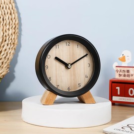 Maxspace Wooden Analog Clock, Small Silent Bedside Desk Clock Battery Operated, Elegant and Decorative Table Clock with Wooden Frame for Living Room, Bedroom, Bedside, Desk (Black)