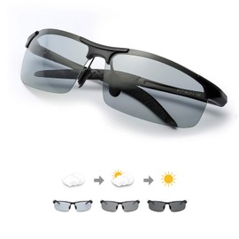 Men's Photochromic Polarized Sunglasses for Driving, Rectangular Frame with 100% UV Protection (Black(sports)/Discolor)(Size:M)