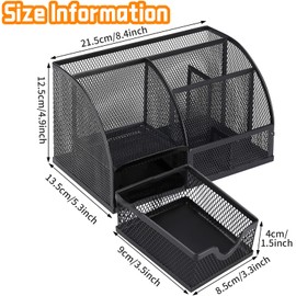 Mesh Desk Organiser with 6 Compartments and 1 Sliding Drawer, Multi-Functional Office Tidy Accessories, Metal Stationary Storage Pen Holder for Home, School, Pencil, Key, Scissors, Paper Clip (Black)