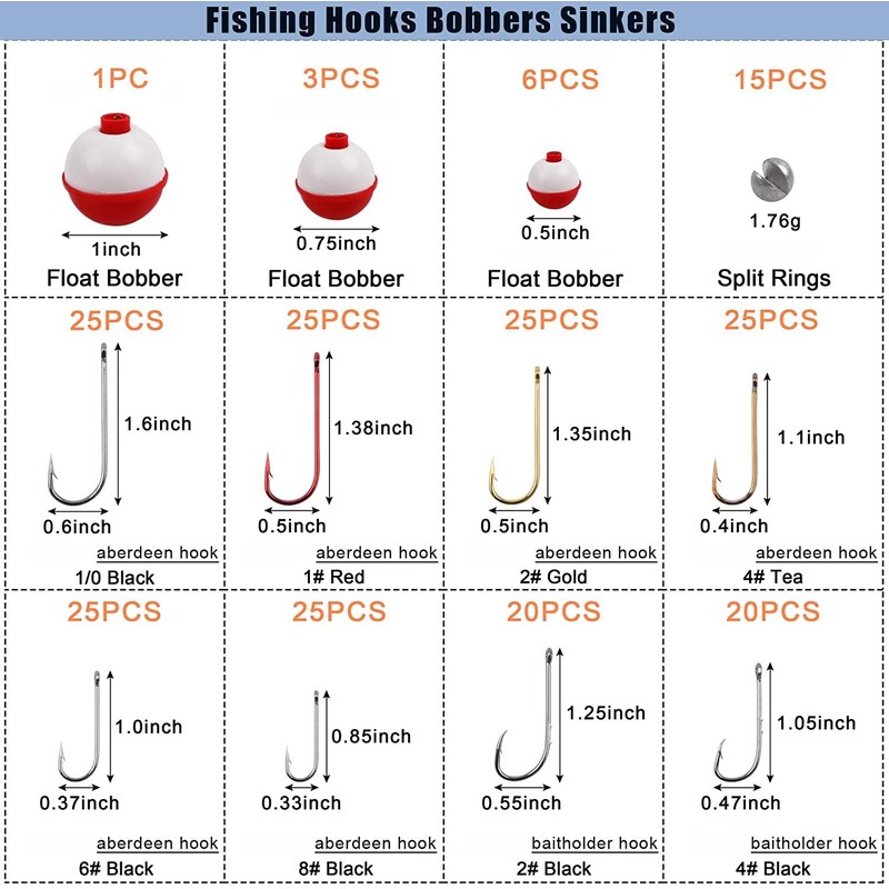 215pcs Fishing Hooks Box Kit,Including Fishing Bobbers, Assorted Fishing Hooks,