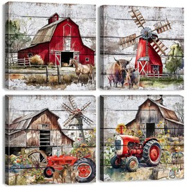 Rustic Farmhouse Wall Art Red Barn Pictures Country Kitchen Decor Abstract Farm Animals Cow Canvas Prints Windmills Truck Painting Watercolor Artwork for Living Room Home Decorations 12x12" 4Pcs
